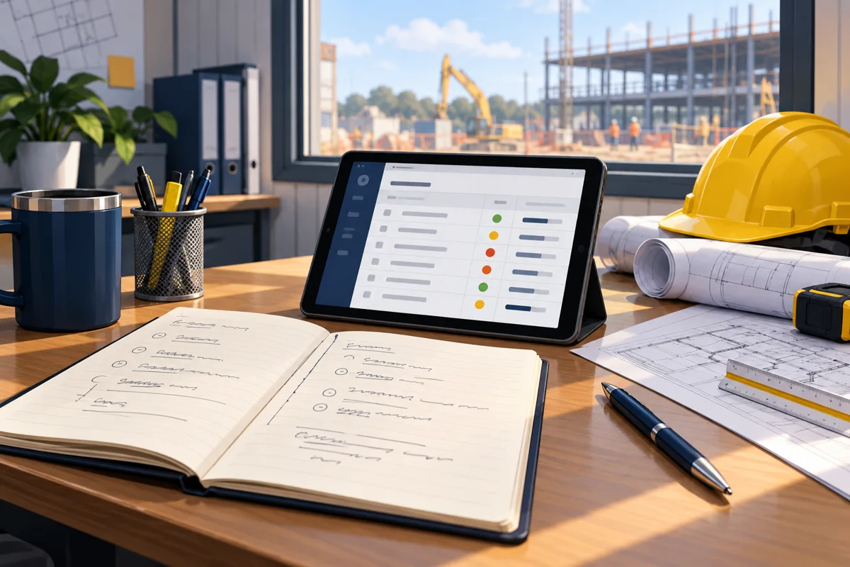 Illustration of meeting notes, a tablet action register, building plans and a hard hat on a construction office desk.